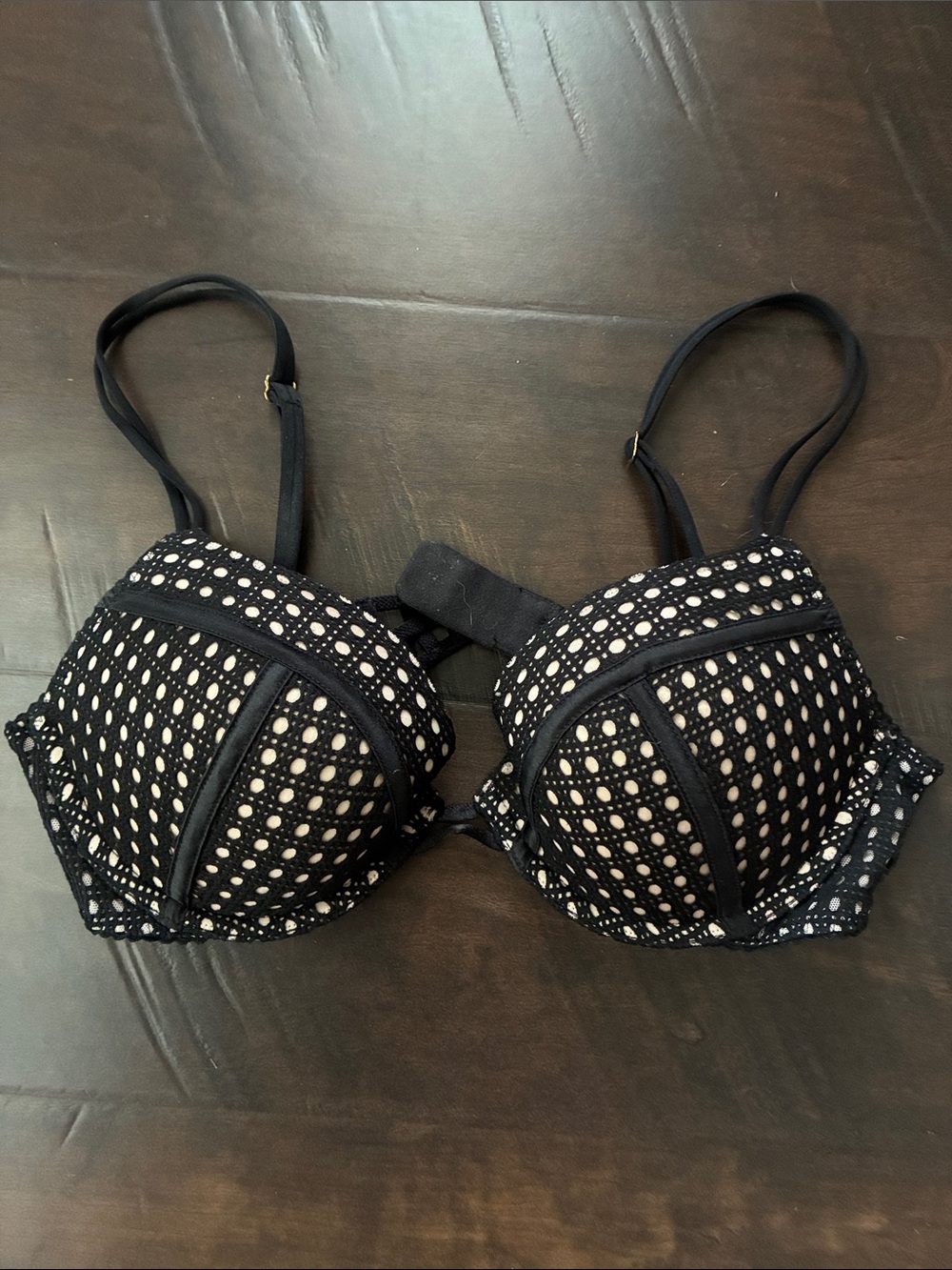 Victoria's Secret Black and Cream Polka Dot Lace Push-Up Bra